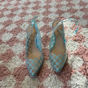 Gianni Bini Aqua and Cream Checkered Heels